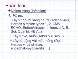 Phân loại
Nhiễm trùng (Infection)
1. Virus:
+ Lây từ người sang người (Adenovirus,
Herpes simplex types 1, 2, CMV,
ECHO, EnteroViruses, Influenza A, B,
Sởi, Quai bị, HBV...)
+ Lây từ ve, muỗi (Arbor Viruses...)
+ Lây từ động vật máu nóng (Dại,
Herpes virus similae,
encephalomyocarditis …)
 