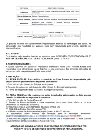 Os projetos inscritos que apresentarem irregularidades técnicas na formatação dos dados, na
composição dos resultados ou qualquer outro item regularizado pelo evento, poderão ser
desclassificados.
5.4.2. Escolas
Os trabalhos selecionados deverão ser enviados para COMISSÃO COORDENADORA DA VI
MOSTRA DE CIÊNCIAS, CULTURA E TECNOLOGIA (Itens 7.3.1 e 7.4).
6 .RESPONSABILIDADES :
A Escola Estadual de Educação Profissional Professora Maria Célia Pinheiro Falcão será
responsável pela alimentação, apoio logístico e pela premiação dos primeiros colocados da
escola, em cada categoria especificada neste edital.
7 .INSCRIÇÃO :
7.1. FEIRA ESCOLAR: Para realizar a inscrição na Feira Escolar os responsáveis pelo
projeto deverão providenciar os seguintes documentos:
I. Ficha de inscrição (Anexo I) – Entregar via impressa;
II. Resumo do projeto nos padrões deste edital (Anexo II) - Entregar via impressa;
III. Termo de Responsabilidade (Anexo III) - Entregar via impressa.
7.2. FEIRA REGIONAL: Os responsáveis pelos trabalhados selecionados na feira escolar
deverão providenciar os seguintes documentos:
I. Ficha de Inscrição da Equipe (Anexo V)
II. Termos de Responsabilidade – caso necessário (aluno com idade inferior a 18 anos
Encaminhar via impressa). (Anexo VI)
III. Resumo do Projeto Científico/Dados do projeto (Anexo VII)
IV. BANNER do Projeto Científico (Anexo VIII)
V. A Mídia – apresentação da pesquisa/projeto (vídeo de 01 a 03 minutos)
Os documentos acima deverão ser enviados para os endereços eletrônicos:
eeepmariacelia@escola.ce.gov.br e cedea@crede11.seduc.ce.gov.br, no formato PDF.
Os resumos dos projetos que não estiverem de acordo com o modelo (item 7.2 letra c) deste
regulamento não serão publicados nos Anais do Evento.
ATENÇÃO: OS ALUNOS AUTORES DOS PROJETOS CIENTÍFICOS DEVERÃO TER
RG E CPF NO ATO DE INSCRIÇÃO DOS PROJETOS NA FEIRA REGIONAL.
 