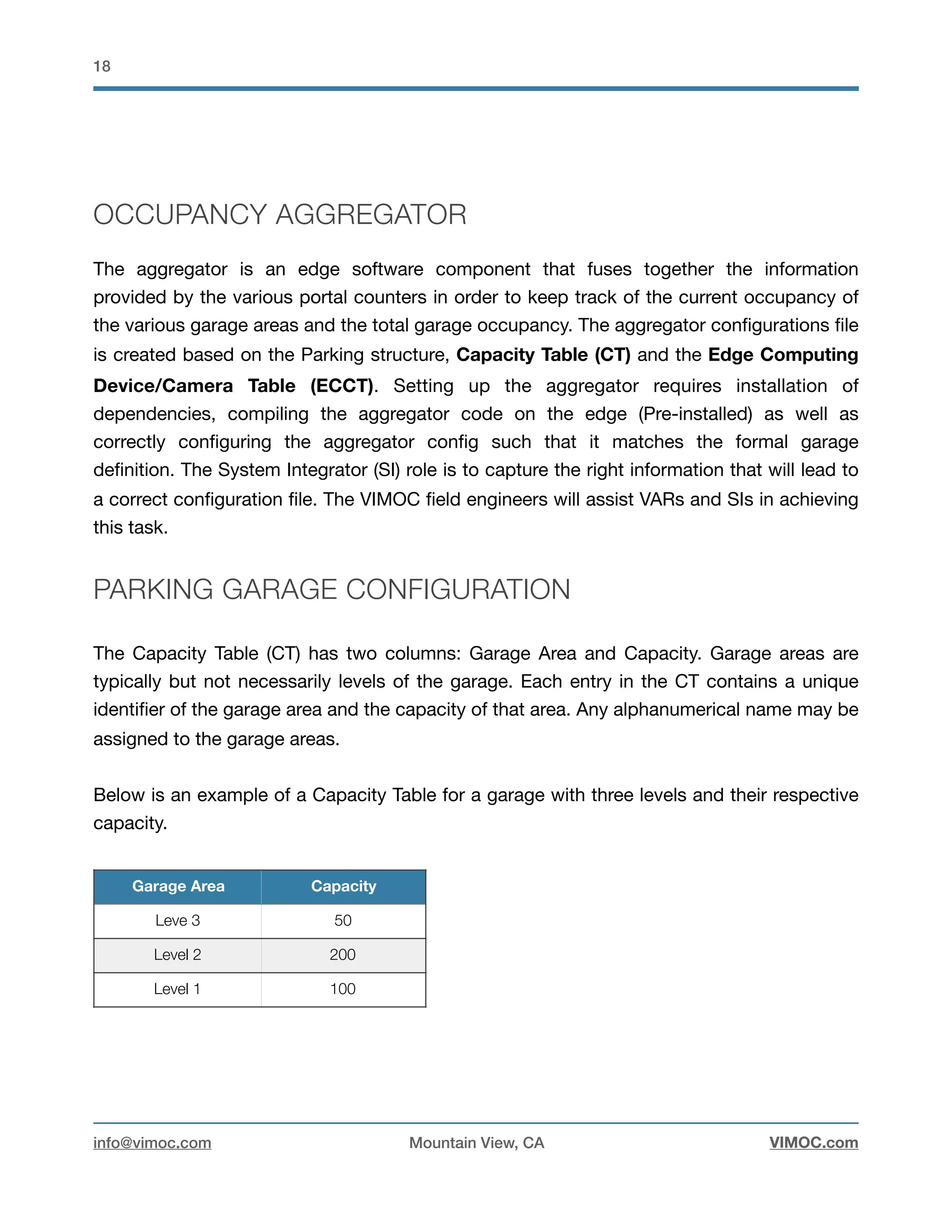 !18
OCCUPANCY AGGREGATOR
The aggregator is an edge software component that fuses together the information
provided by the various portal counters in order to keep track of the current occupancy of
the various garage areas and the total garage occupancy. The aggregator conﬁgurations ﬁle
is created based on the Parking structure, Capacity Table (CT) and the Edge Computing
Device/Camera Table (ECCT). Setting up the aggregator requires installation of
dependencies, compiling the aggregator code on the edge (Pre-installed) as well as
correctly conﬁguring the aggregator conﬁg such that it matches the formal garage
deﬁnition. The System Integrator (SI) role is to capture the right information that will lead to
a correct conﬁguration ﬁle. The VIMOC ﬁeld engineers will assist VARs and SIs in achieving
this task.

PARKING GARAGE CONFIGURATION
The Capacity Table (CT) has two columns: Garage Area and Capacity. Garage areas are
typically but not necessarily levels of the garage. Each entry in the CT contains a unique
identiﬁer of the garage area and the capacity of that area. Any alphanumerical name may be
assigned to the garage areas.

Below is an example of a Capacity Table for a garage with three levels and their respective
capacity.



Garage Area Capacity
Leve 3 50
Level 2 200
Level 1 100
info@vimoc.com Mountain View, CA VIMOC.com
 
