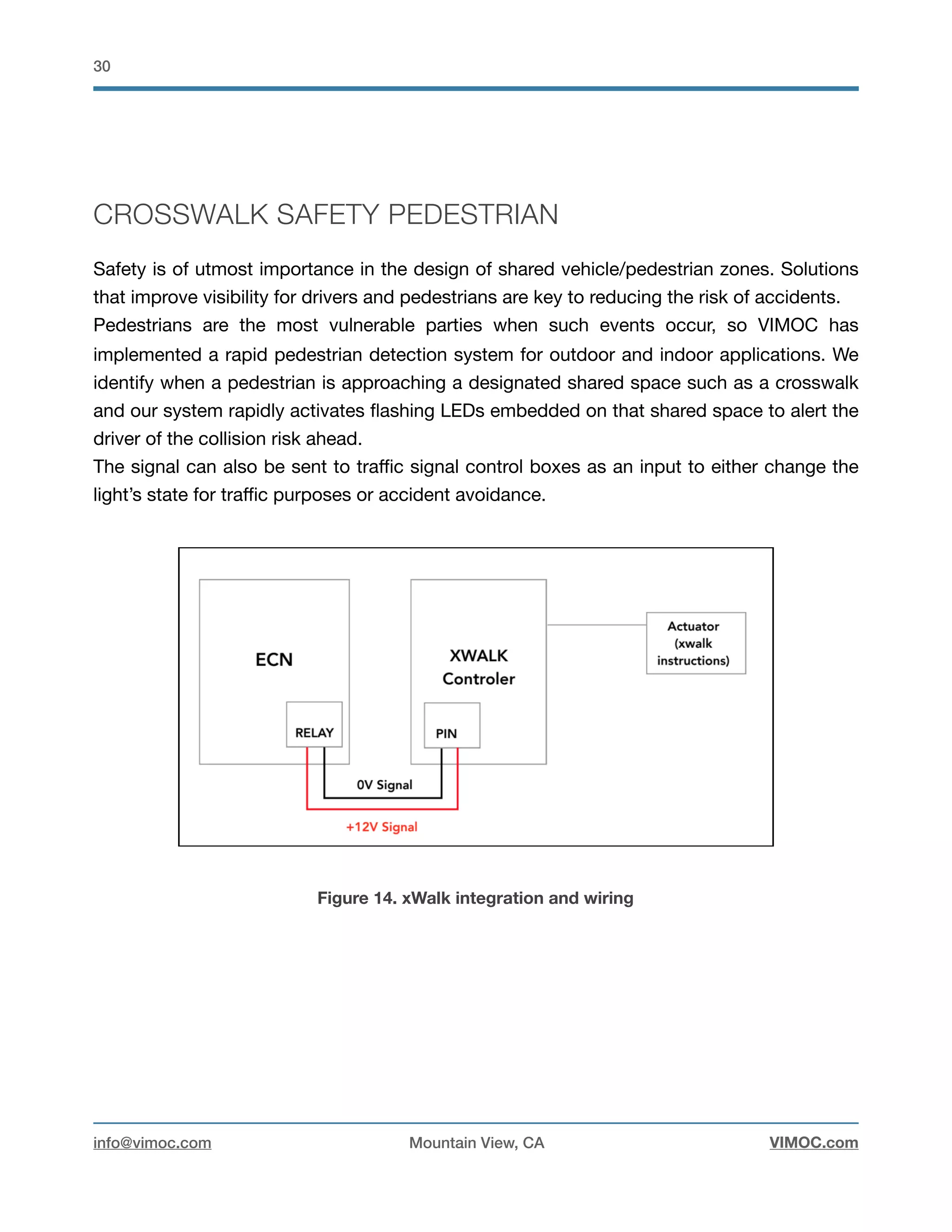 !30
CROSSWALK SAFETY PEDESTRIAN
Safety is of utmost importance in the design of shared vehicle/pedestrian zones. Solutions
that improve visibility for drivers and pedestrians are key to reducing the risk of accidents.

Pedestrians are the most vulnerable parties when such events occur, so VIMOC has
implemented a rapid pedestrian detection system for outdoor and indoor applications. We
identify when a pedestrian is approaching a designated shared space such as a crosswalk
and our system rapidly activates ﬂashing LEDs embedded on that shared space to alert the
driver of the collision risk ahead.

The signal can also be sent to traﬃc signal control boxes as an input to either change the
light’s state for traﬃc purposes or accident avoidance.

Figure 14. xWalk integration and wiring
info@vimoc.com Mountain View, CA VIMOC.com
 