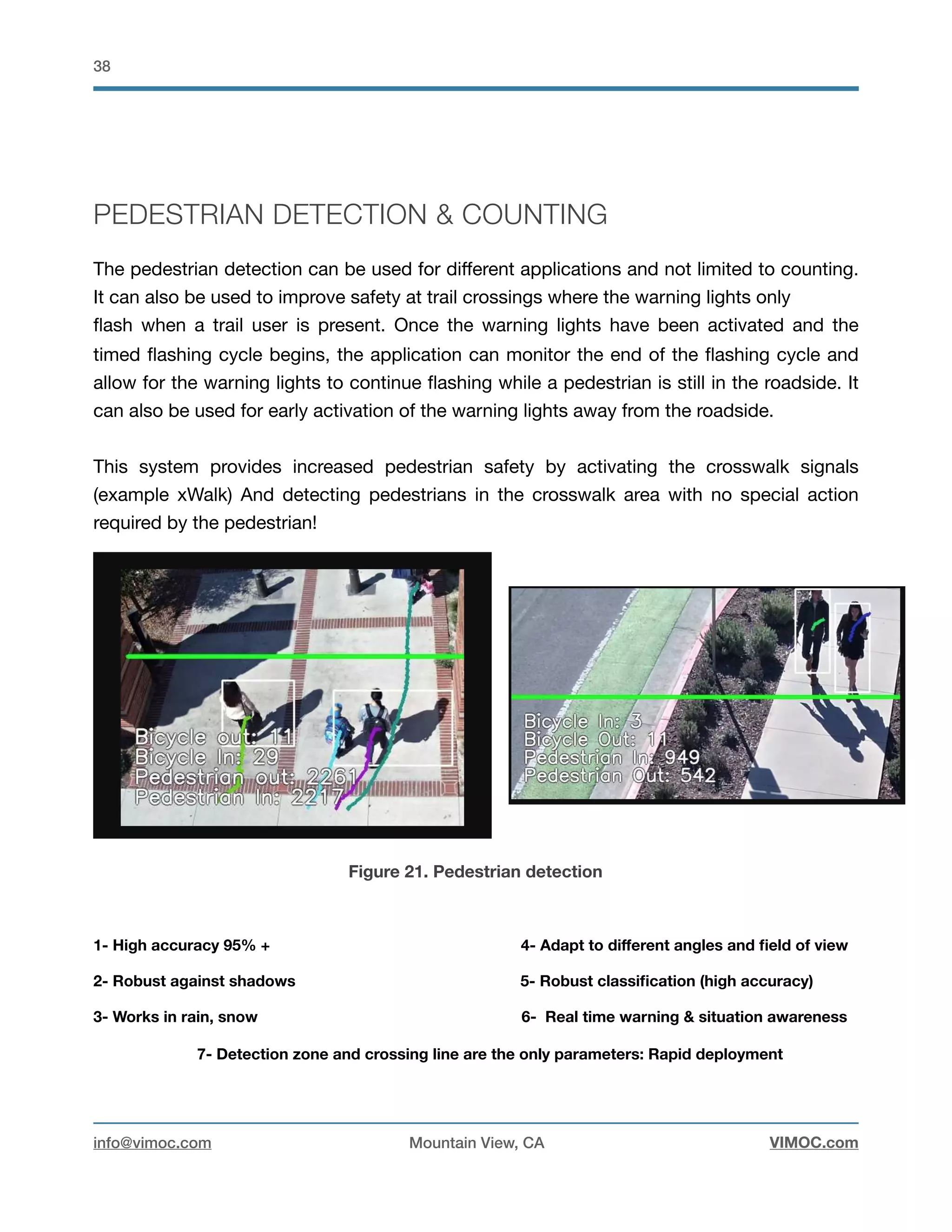 !38
PEDESTRIAN DETECTION & COUNTING
The pedestrian detection can be used for diﬀerent applications and not limited to counting.
It can also be used to improve safety at trail crossings where the warning lights only

ﬂash when a trail user is present. Once the warning lights have been activated and the
timed ﬂashing cycle begins, the application can monitor the end of the ﬂashing cycle and
allow for the warning lights to continue ﬂashing while a pedestrian is still in the roadside. It
can also be used for early activation of the warning lights away from the roadside. 

This system provides increased pedestrian safety by activating the crosswalk signals
(example xWalk) And detecting pedestrians in the crosswalk area with no special action
required by the pedestrian!

Figure 21. Pedestrian detection
1- High accuracy 95% + 4- Adapt to diﬀerent angles and ﬁeld of view
2- Robust against shadows 5- Robust classiﬁcation (high accuracy)
3- Works in rain, snow 6- Real time warning & situation awareness
7- Detection zone and crossing line are the only parameters: Rapid deployment
info@vimoc.com Mountain View, CA VIMOC.com
 