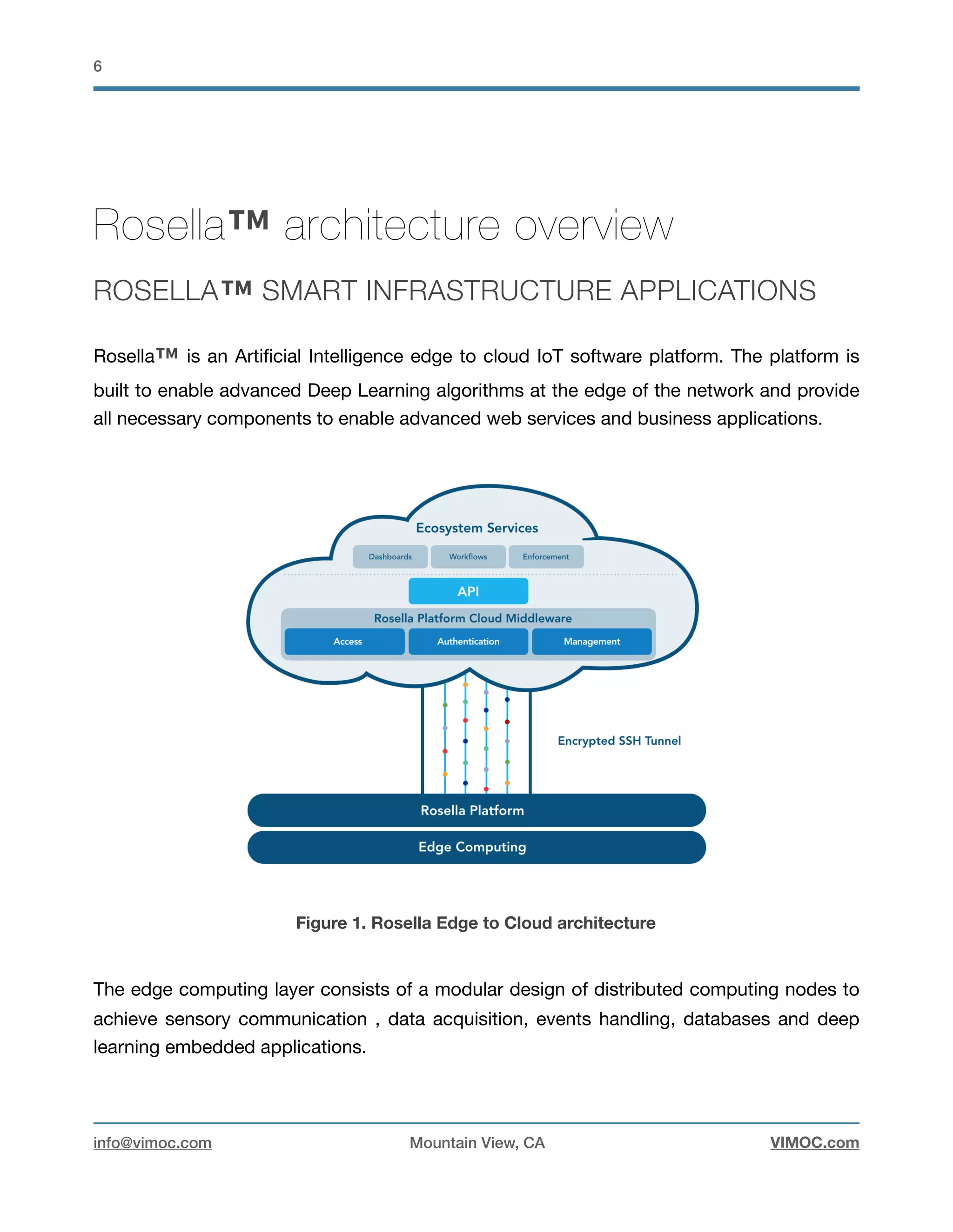 !6
Rosella™ architecture overview
ROSELLA™ SMART INFRASTRUCTURE APPLICATIONS
Rosella™ is an Artiﬁcial Intelligence edge to cloud IoT software platform. The platform is
built to enable advanced Deep Learning algorithms at the edge of the network and provide
all necessary components to enable advanced web services and business applications. 

Figure 1. Rosella Edge to Cloud architecture
The edge computing layer consists of a modular design of distributed computing nodes to
achieve sensory communication , data acquisition, events handling, databases and deep
learning embedded applications. 

info@vimoc.com Mountain View, CA VIMOC.com
 