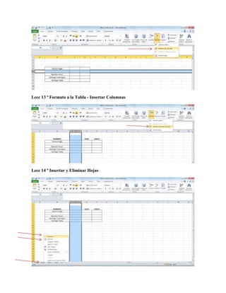 Lecc 13 ª Formato a la Tabla - Insertar Columnas
Lecc 14 ª Insertar y Eliminar Hojas
 