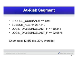 Prediction Impact, Inc.© Copyright 2008. All Rights Reserved.
At-Risk SegmentAt-Risk SegmentAt-Risk Segment
25
• SOURCE_COBRAND$ == chat
• SUBSCR_AGE <= 237.819
• LOGIN_DAYSSINCELAST_F > 1.85344
• LOGIN_DAYSSINCELAST_F <= 22.6578
Churn rate: 33.5% (vs. 20% average)
 