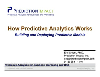 Prediction Impact, Inc.© Copyright 2008. All Rights Reserved.
Eric Siegel, Ph.D.Eric Siegel, Ph.D.
Prediction Impact, Inc.Prediction Impact, Inc.
eric@predictionimpact.comeric@predictionimpact.com
(415) 683 - 1146(415) 683 - 1146
How Predictive Analytics WorksHow Predictive Analytics WorksHow Predictive Analytics Works
Building and Deploying Predictive ModelsBuilding and Deploying Predictive Models
Predictive Analytics for Business, Marketing and WebPredictive Analytics for Business, Marketing and WebPredictive Analytics for Business, Marketing and Web
 