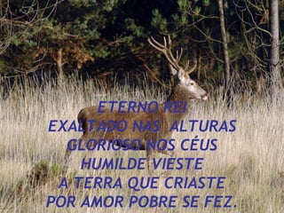 ETERNO REI EXALTADO NAS ALTURAS GLORIOSO NOS CÉUS HUMILDE VIESTE A TERRA QUE CRIASTE POR AMOR POBRE SE FEZ.
