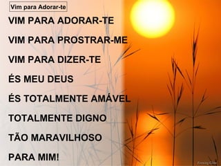 VIM PARA ADORAR-TE
VIM PARA PROSTRAR-ME
VIM PARA DIZER-TE
ÉS MEU DEUS
ÉS TOTALMENTE AMÁVEL
TOTALMENTE DIGNO
TÃO MARAVILHOSO
PARA MIM!
Vim para Adorar-te
 