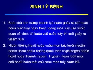 SINH LÝ BỆNH
1. Baát cöù tình traïng beänh lyù naøo gaây ra söï hoaït
hoùa men tuïy ngay trong loøng moâ tuïy vaø vöôït
quaù cô cheá töï baûo veä cuûa tuïy thì seõ gaây ra
vieâm tuïy.
2. Hieän töôïng hoaït hoùa cuûa men tuïy luoân luoân
ñöôïc khôûi phaùt baèng quaù trình trypsinogen ñöôïc
hoaït hoùa thaønh trypsin. Trypsin, ñeán löôït noù,
seõ hoaït hoùa taát caû caùc men tuïy coøn laïi.
 