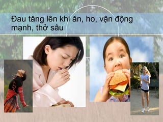 Đau tăng lên khi ăn, ho, vận động mạnh, thở sâu 