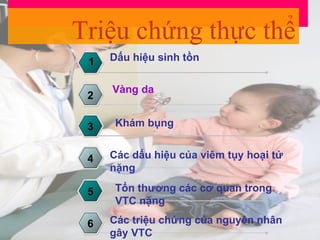Triệu chứng thực thể Dấu hiệu sinh tồn  1 Vàng da 2 Khám bụng 3 Các dấu hiệu của viêm tụy hoại tử nặng 4 Tổn thương các cơ quan trong VTC nặng 5 Các triệu chứng của nguyên nhân gây VTC 6 