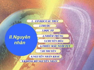 2.THUỐC 6.THIẾU MÁU NUÔI TỤY  7.DI TRUYỀN II.Nguyên  nhân 3.ĐỘC TỐ CƠ HỌC/CẤU TRÚC 4.NHIỄM TRÙNG 5.CHUYỂN HÓA 9.KHÔNG RÕ NGUYÊN NHÂN 8.NGUYÊN NHÂN KHÁC 