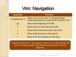 Vim: NavigationVim: Navigation
Keystroke Function
‘A (Apostrophe A)
Move cursor to line mark "a" (global between
buffers) generated by marking with keystroke "mA"
gg Move to the beginning of the file
]’ Move cursor to next lower case mark
[‘ Move cursor to previous lower case mark
+/- Move cursor down/up in first column
^ Move to the first character of first word
Functions marked with * also support motions; e.g. # 10w will take the
cursor 10 words forward. 40G will take you to the 40th
line from
beginning
July 13, 2009 16Tusharadri Sarkar
 