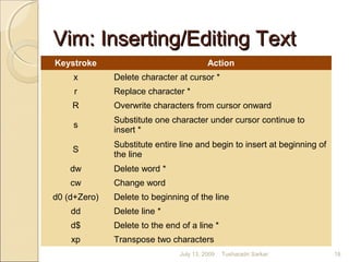 Vim: Inserting/Editing TextVim: Inserting/Editing Text
Keystroke Action
x Delete character at cursor *
r Replace character *
R Overwrite characters from cursor onward
s
Substitute one character under cursor continue to
insert *
S
Substitute entire line and begin to insert at beginning of
the line
dw Delete word *
cw Change word
d0 (d+Zero) Delete to beginning of the line
dd Delete line *
d$ Delete to the end of a line *
xp Transpose two characters
July 13, 2009 18Tusharadri Sarkar
 
