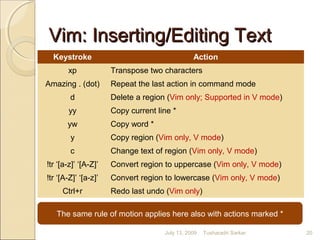 Vim: Inserting/Editing TextVim: Inserting/Editing Text
Keystroke Action
xp Transpose two characters
Amazing . (dot) Repeat the last action in command mode
d Delete a region (Vim only; Supported in V mode)
yy Copy current line *
yw Copy word *
y Copy region (Vim only, V mode)
c Change text of region (Vim only, V mode)
!tr ‘[a-z]’ ‘[A-Z]’ Convert region to uppercase (Vim only, V mode)
!tr ‘[A-Z]’ ‘[a-z]’ Convert region to lowercase (Vim only, V mode)
Ctrl+r Redo last undo (Vim only)
The same rule of motion applies here also with actions marked *
July 13, 2009 20Tusharadri Sarkar
 