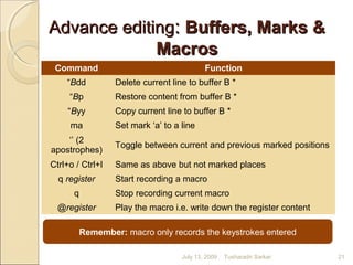 Advance editingAdvance editing:: Buffers, Marks &Buffers, Marks &
MacrosMacros
Command Function
“Bdd Delete current line to buffer B *
“Bp Restore content from buffer B *
“Byy Copy current line to buffer B *
ma Set mark ‘a’ to a line
‘’ (2
apostrophes)
Toggle between current and previous marked positions
Ctrl+o / Ctrl+I Same as above but not marked places
q register Start recording a macro
q Stop recording current macro
@register Play the macro i.e. write down the register content
Remember: macro only records the keystrokes entered
July 13, 2009 21Tusharadri Sarkar
 