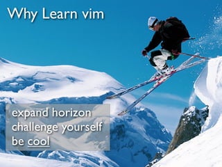 Why Learn vim




expand horizon
challenge yourself
be cool
 