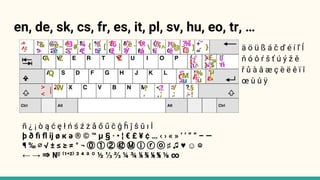 en, de, sk, cs, fr, es, it, pl, sv, hu, eo, tr, …
ä ö ü ß á č ď é í ľ ĺ
ň ó ô ŕ š ť ú ý ž ě
ř ů à â æ ç è ë ê ï î
œ ù û ÿ
ñ ¿ ¡ ò ą ć ę ł ń ś ź ż å ő ű ĉ ĝ ĥ ĵ ŝ ŭ ı İ
þ ð ﬁ ﬂ ĳ ø ĸ ə ® © ™ µ § · • ¦ € £ ¥ ¢ … ‹ › « » ‘ ’ “ ” – —
¶ ‰ ∅ √ ± ≤ ≥ ≠ ° ¬ ⓪ ① ② ㊷ Ⓜ ⓘ ⓡ ⓞ ♯ ♫ ♥ ☺ ☹
← → ⇒ № ⁽¹⁺²⁾ ³ ⁴ ª º ½ ⅓ ⅔ ¼ ¾ ⅕ ⅖ ⅙ ⅚ ⅛ ∞
 