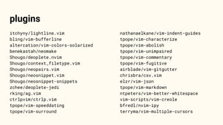 plugins
itchyny/lightline.vim
bling/vim-bufferline
altercation/vim-colors-solarized
benekastah/neomake
Shougo/deoplete.nvim
Shougo/context_filetype.vim
Shougo/neopairs.vim
Shougo/neosnippet.vim
Shougo/neosnippet-snippets
zchee/deoplete-jedi
rking/ag.vim
ctrlpvim/ctrlp.vim
tpope/vim-speeddating
tpope/vim-surround
nathanaelkane/vim-indent-guides
tpope/vim-characterize
tpope/vim-abolish
tpope/vim-unimpaired
tpope/vim-commentary
tpope/vim-fugitive
airblade/vim-gitgutter
chrisbra/csv.vim
elzr/vim-json
tpope/vim-markdown
ntpeters/vim-better-whitespace
vim-scripts/vim-creole
bfredl/nvim-ipy
terryma/vim-multiple-cursors
 