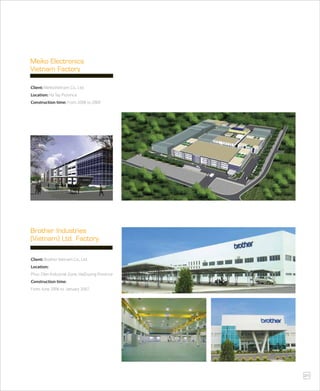 Client: MeikoVietnam Co., Ltd.
Location: Ha Tay Province
Construction time: From 2008 to 2009
Meiko Electronics
Vietnam Factory
Client: Brother Vietnam Co., Ltd.
Location:
Phuc Dien Industrial Zone, HaiDuong Province
Construction time:
From June 2006 to January 2007.
Brother Industries
(Vietnam) Ltd. Factory
21
 