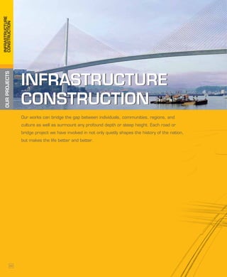 OURPROJECTS
INFRASTRUCTURE
CONSTRUCTION
INFRASTRUCTURE
CONSTRUCTION
INFRASTRUCTURE
CONSTRUCTION
Our works can bridge the gap between individuals, communities, regions, and
culture as well as surmount any profound depth or steep height. Each road or
bridge project we have involved in not only quietly shapes the history of the nation,
but makes the life better and better.
22
 