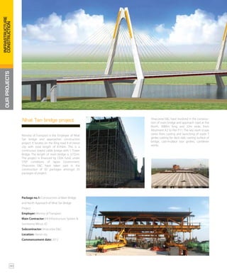 30
OURPROJECTSINFRASTRUCTURE
CONSTRUCTION
Package no.1: Construction of Main Bridge
and North Approach of Nhat Tan Bridge
Project.
Employer: Minstry of Transport.
Main Contractor: IHI Infrastructure System &
Sumitomo Mitsui JO
Subcontractor: Vinaconex E&C.
Location: Hanoi city
Commencement date: 2012
Nhat Tan bridge project
Ministry of Transport is the Employer of Nhat
Tan bridge and approaches construction
project. It locates on the Ring road II of Hanoi
city with total length of 8.95km. This is a
continuous stayed cable bridge with 5 Tower
Bridge. The length of main bridge is 3,755m.
The project is financed by ODA fund, under
STEP conditions of Japan Government.
Vinaconex E&C have taken part in the
construction of 02 packages amongst 03
packages of project.
Vinaconex E&C have involved in the construc-
tion of main bridge and approach road at the
North, 3080m long and 32m wide, from
Abutment A2 to Pier P11. The key work scope
varies from casting and launching of super T
girder, casting for deck slab, casting surface of
bridge, cast-in-place box girders, cantilever
works.
 