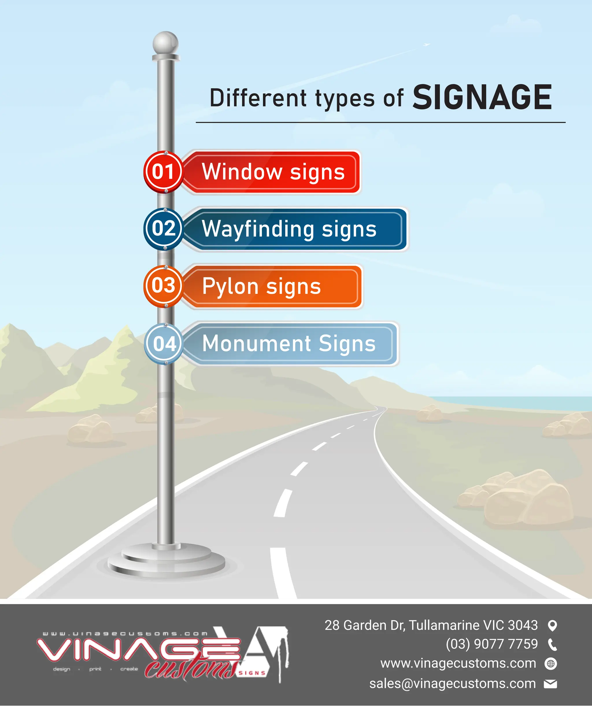 28 Garden Dr, Tullamarine VIC 3043
(03) 9077 7759
sales@vinagecustoms.com
www.vinagecustoms.com
Different types of SIGNAGE
Window signs
01
Wayfinding signs
02
Pylon signs
03
Monument Signs
04