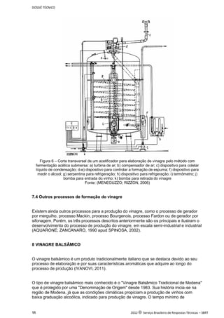 DOSSIÊ TÉCNICO
11 2012 c Serviço Brasileiro de Respostas Técnicas – SBRT
Figura 6 – Corte transversal de um acetificador para elaboração de vinagre pelo método com
fermentação acética submersa: a) turbina de ar; b) compensador de ar; c) dispositivo para coletar
líquido de condensação; d-e) dispositivo para controlar a formação de espuma; f) dispositivo para
medir o álcool; g) serpentina para refrigeração; h) dispositivo para refrigeração; i) termômetro; j)
bomba para entrada do vinho; k) bomba para retirada do vinagre
Fonte: (MENEGUZZO; RIZZON, 2006)
7.4 Outros processos de formação do vinagre
Existem ainda outros processos para a produção do vinagre, como o processo de gerador
por mergulho, processo Mackin, processo Bourgenois, processo Fardon ou de gerador por
sifonagem. Porém, os três processos descritos anteriormente são os principais e ilustram o
desenvolvimento do processo de produção do vinagre, em escala semi-industrial e industrial
(AQUARONE; ZANCANARO, 1990 apud SPINOSA, 2002).
8 VINAGRE BALSÂMICO
O vinagre balsâmico é um produto tradicionalmente italiano que se destaca devido ao seu
processo de elaboração e por suas características aromáticas que adquire ao longo do
processo de produção (IVANOVI, 2011).
O tipo de vinagre balsâmico mais conhecido é o "Vinagre Balsâmico Tradicional de Modena"
que é protegido por uma "Denominação de Origem" desde 1983. Sua história inicia-se na
região de Modena, já que as condições climáticas propiciam a produção de vinhos com
baixa graduação alcoólica, indicado para produção de vinagre. O tempo mínimo de
 