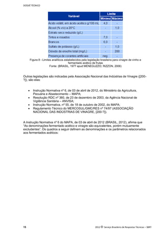 DOSSIÊ TÉCNICO
15 2012 c Serviço Brasileiro de Respostas Técnicas – SBRT
Figura 8 - Limites analíticos estabelecidos pela legislação brasileira para vinagre de vinho e
fermentado acético de frutas
Fonte: (BRASIL, 1977 apud MENEGUZZO; RIZZON, 2006)
Outras legislações são indicadas pela Associação Nacional das Indústrias de Vinagre ([200-
?]), são elas:
 Instrução Normativa nº 6, de 03 de abril de 2012, do Ministério da Agricultura,
Pecuária e Abastecimento – MAPA;
 Resolução RDC nº 360, de 23 de dezembro de 2003, da Agência Nacional de
Vigilância Sanitária – ANVISA;
 Instrução Normativa, nº 55, de 18 de outubro de 2002, do MAPA;
 Regulamento Técnico do MERCOSUL/GMC/RES nº 74/97 (ASSOCIAÇÃO
NACIONAL DAS INDÚSTRIAS DE VINAGRE, [200-?]).
A Instrução Normativa nº 6 do MAPA, de 03 de abril de 2012 (BRASIL, 2012), afirma que
“As denominações fermentado acético e vinagre são equivalentes, porém mutuamente
excludentes”. Os quadros a seguir definem as denominações e os parâmetros relacionados
aos fermentados acéticos:
 