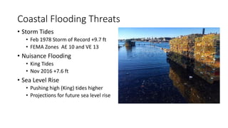 Coastal Flooding Threats
• Storm Tides
• Feb 1978 Storm of Record +9.7 ft
• FEMA Zones AE 10 and VE 13
• Nuisance Flooding
• King Tides
• Nov 2016 +7.6 ft
• Sea Level Rise
• Pushing high (King) tides higher
• Projections for future sea level rise
 