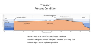 Transect
Present Condition
Storm = Nov 1978 and FEMA Base Flood Elevation
Nuisance = Highest Annual Tide (HAT) and Nov 2016 King Tide
Normal High = Mean Higher High Water
Main StreetParking Lot
Pond
 