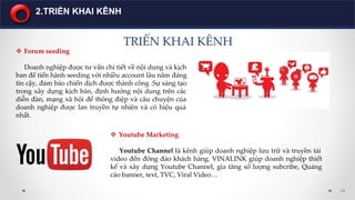 TRIỂN KHAI KÊNHTRIỂN KHAI KÊNH
14
2.TRIỂN KHAI KÊNH
v Youtube Marketing
     
     Youtube Channel là kênh giúp doanh nghi...