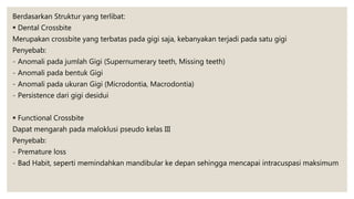 Berdasarkan Struktur yang terlibat:
 Dental Crossbite
Merupakan crossbite yang terbatas pada gigi saja, kebanyakan terjadi pada satu gigi
Penyebab:
- Anomali pada jumlah Gigi (Supernumerary teeth, Missing teeth)
- Anomali pada bentuk Gigi
- Anomali pada ukuran Gigi (Microdontia, Macrodontia)
- Persistence dari gigi desidui
 Functional Crossbite
Dapat mengarah pada maloklusi pseudo kelas III
Penyebab:
- Premature loss
- Bad Habit, seperti memindahkan mandibular ke depan sehingga mencapai intracuspasi maksimum
 