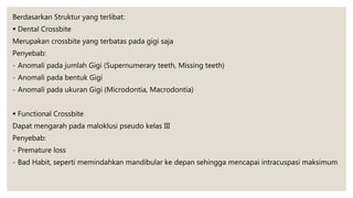 Berdasarkan Struktur yang terlibat:
 Dental Crossbite
Merupakan crossbite yang terbatas pada gigi saja
Penyebab:
- Anomali pada jumlah Gigi (Supernumerary teeth, Missing teeth)
- Anomali pada bentuk Gigi
- Anomali pada ukuran Gigi (Microdontia, Macrodontia)
 Functional Crossbite
Dapat mengarah pada maloklusi pseudo kelas III
Penyebab:
- Premature loss
- Bad Habit, seperti memindahkan mandibular ke depan sehingga mencapai intracuspasi maksimum
 