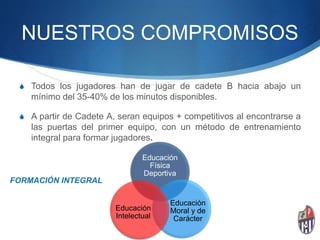 NUESTROS COMPROMISOS
S Todos los jugadores han de jugar de cadete B hacia abajo un
mínimo del 35-40% de los minutos disponibles.
S A partir de Cadete A, seran equipos + competitivos al encontrarse a
las puertas del primer equipo, con un método de entrenamiento
integral para formar jugadores.
Educación
Física
Deportiva
Educación
Moral y de
Carácter
Educación
Intelectual
FORMACIÓN INTEGRAL
 