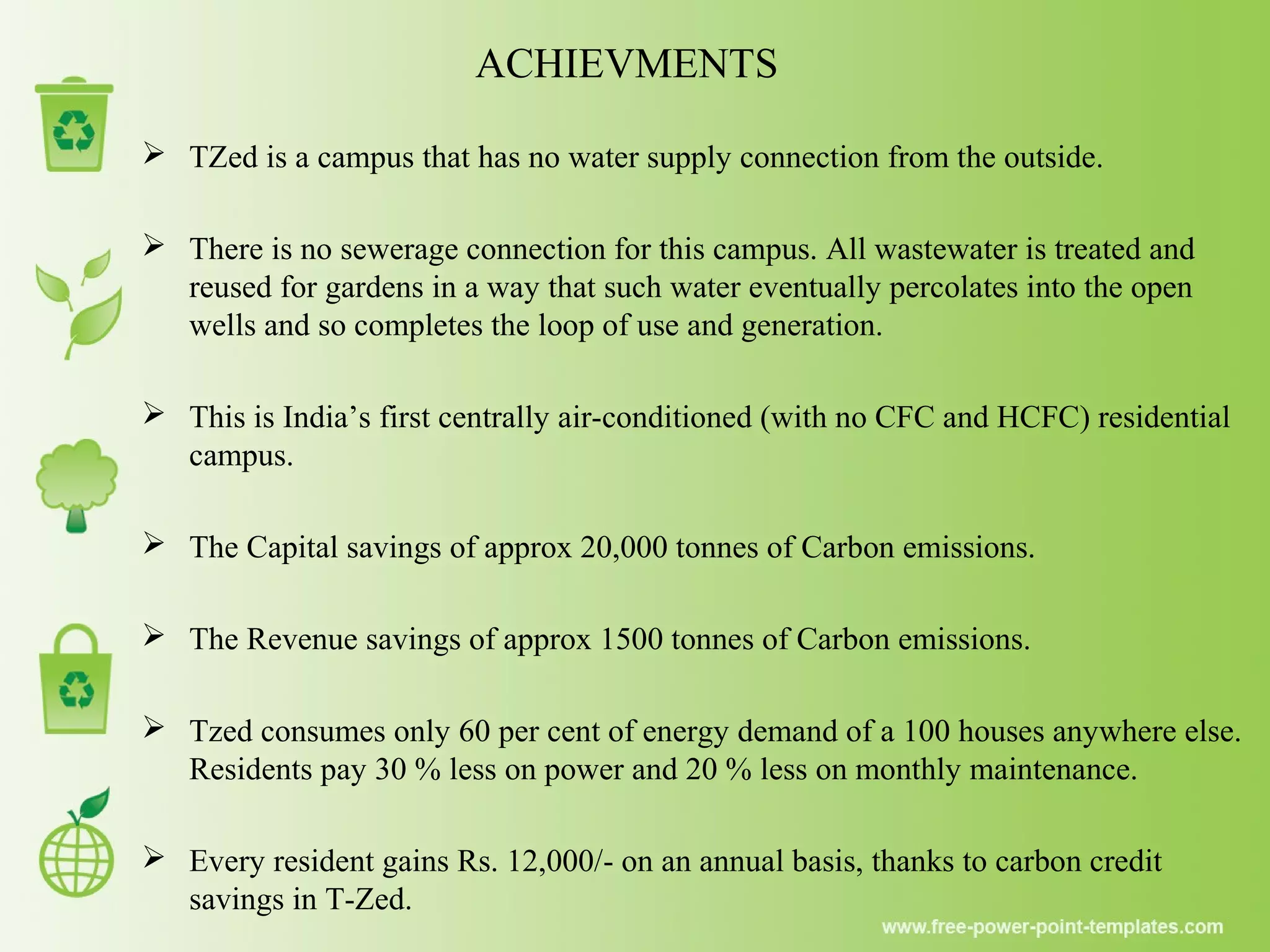  TZed is a campus that has no water supply connection from the outside.
 There is no sewerage connection for this campus. All wastewater is treated and
reused for gardens in a way that such water eventually percolates into the open
wells and so completes the loop of use and generation.
 This is India’s first centrally air-conditioned (with no CFC and HCFC) residential
campus.
 The Capital savings of approx 20,000 tonnes of Carbon emissions.
 The Revenue savings of approx 1500 tonnes of Carbon emissions.
 Tzed consumes only 60 per cent of energy demand of a 100 houses anywhere else.
Residents pay 30 % less on power and 20 % less on monthly maintenance.
 Every resident gains Rs. 12,000/- on an annual basis, thanks to carbon credit
savings in T-Zed.
ACHIEVMENTS
 