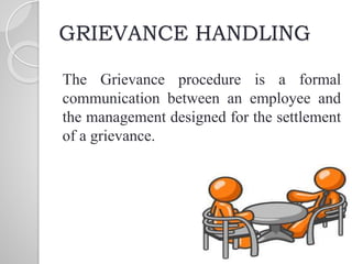 GRIEVANCE HANDLING
The Grievance procedure is a formal
communication between an employee and
the management designed for the settlement
of a grievance.
 