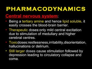 PHARMACODYNAMICS
Central nervous system:
• Being a tertiary amine and hence lipid soluble, it
easily crosses the blood-brain barrier.
• Therapeutic doses:only mild central excitation
due to stimulation of medullary and higher
cerebral centres.
• Toxicdoses:restlessness,irritability,disorientation,
hallucinations or delirium.
• Still larger doses cause stimulation followed by
depression leading to circulatory collapse and
coma.
 