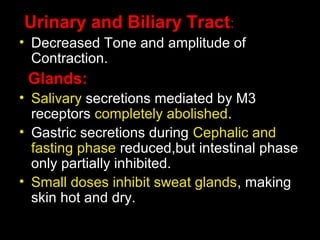 Urinary and Biliary Tract:
• Decreased Tone and amplitude of
Contraction.
Glands:
• Salivary secretions mediated by M3
receptors completely abolished.
• Gastric secretions during Cephalic and
fasting phase reduced,but intestinal phase
only partially inhibited.
• Small doses inhibit sweat glands, making
skin hot and dry.
 