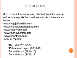 REFRENCES
Most of the information was collected from the internet
and annual reports from various websites, they are as
follows:
• www.bajajallianzlife.com
• www.financialanalysishub.com
• www.readyratio.com
• www.moneycontrol.com
• www.brighthub.com
• Annual reports:
*The orbit (2016-17)
*15th annual report (2015-16)
*Annual report (2014-15)
*Annual report (2013-14
 