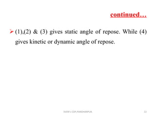 continued… (1),(2) & (3) gives static angle of repose. While  (4) gives kinetic or dynamic angle of repose. SVERI's COP,PANDHARPUR. 