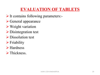 EVALUATION OF TABLETS It contains following parameters:- General appearance Weight variation Disintegration test Dissolution test Friability Hardness Thickness. SVERI's COP,PANDHARPUR. 