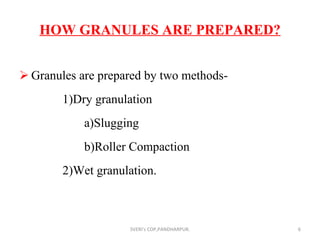 HOW GRANULES ARE PREPARED? Granules are prepared by two methods- 1)Dry granulation a)Slugging b)Roller Compaction  2)Wet granulation. SVERI's COP,PANDHARPUR. 