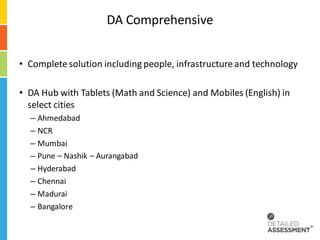DA Comprehensive


• Complete solution including people, infrastructure and technology

• DA Hub with Tablets (Math and Science) and Mobiles (English) in
  select cities
  – Ahmedabad
  – NCR
  – Mumbai
  – Pune – Nashik – Aurangabad
  – Hyderabad
  – Chennai
  – Madurai
  – Bangalore
 