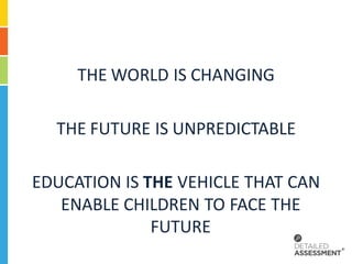 THE WORLD IS CHANGING

  THE FUTURE IS UNPREDICTABLE

EDUCATION IS THE VEHICLE THAT CAN
   ENABLE CHILDREN TO FACE THE
              FUTURE
 