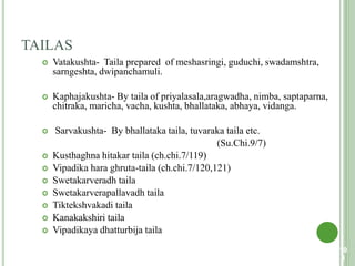 TAILAS
 Vatakushta- Taila prepared of meshasringi, guduchi, swadamshtra,
sarngeshta, dwipanchamuli.
 Kaphajakushta- By taila of priyalasala,aragwadha, nimba, saptaparna,
chitraka, maricha, vacha, kushta, bhallataka, abhaya, vidanga.
 Sarvakushta- By bhallataka taila, tuvaraka taila etc.
(Su.Chi.9/7)
 Kusthaghna hitakar taila (ch.chi.7/119)
 Vipadika hara ghruta-taila (ch.chi.7/120,121)
 Swetakarveradh taila
 Swetakarverapallavadh taila
 Tiktekshvakadi taila
 Kanakakshiri taila
 Vipadikaya dhatturbija taila
10
1
 