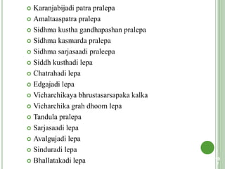  Karanjabijadi patra pralepa
 Amaltaaspatra pralepa
 Sidhma kustha gandhapashan pralepa
 Sidhma kasmarda pralepa
 Sidhma sarjasaadi praleepa
 Siddh kusthadi lepa
 Chatrahadi lepa
 Edgajadi lepa
 Vicharchikaya bhrustasarsapaka kalka
 Vicharchika grah dhoom lepa
 Tandula pralepa
 Sarjasaadi lepa
 Avalgujadi lepa
 Sinduradi lepa
 Bhallatakadi lepa 10
7
 