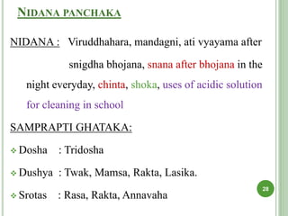 NIDANA PANCHAKA
NIDANA : Viruddhahara, mandagni, ati vyayama after
snigdha bhojana, snana after bhojana in the
night everyday, chinta, shoka, uses of acidic solution
for cleaning in school
SAMPRAPTI GHATAKA:
 Dosha : Tridosha
 Dushya : Twak, Mamsa, Rakta, Lasika.
 Srotas : Rasa, Rakta, Annavaha
28
 