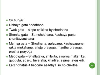  Su su 9/6
 Ubhaya gata shodhana
 Twak gata – alepa chikitsa by shodhana
 Shonita gata – Samshodhana, kashaya pana,
shonitavsechana
 Mamsa gata – Shodhana, aalepana, kashayapana,
rakta mokshana, arista prayoga, mantha prayoga,
prasha prayoga
 Medo gata – Bhallataka, shilajita, swarna makshika,
guggulu, agaru, tuvaraka, khadira, asana, ayaskriti,
 Later dhatus it become asadhya so no chikitsa 45
 
