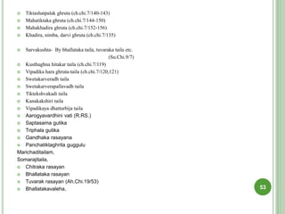  Tiktashatpalak ghruta (ch.chi.7/140-143)
 Mahatiktaka ghruta (ch.chi.7/144-150)
 Mahakhadira ghruta (ch.chi.7/152-156)
 Khadira, nimba, darvi ghruta (ch.chi.7/135)
 Sarvakushta- By bhallataka taila, tuvaraka taila etc.
(Su.Chi.9/7)
 Kusthaghna hitakar taila (ch.chi.7/119)
 Vipadika hara ghruta-taila (ch.chi.7/120,121)
 Swetakarveradh taila
 Swetakarverapallavadh taila
 Tiktekshvakadi taila
 Kanakakshiri taila
 Vipadikaya dhatturbija taila
 Aarogyavardhini vati (R.RS.)
 Saptasama gutika
 Triphala gutika
 Gandhaka rasayana
 Panchatiktaghrita guggulu
Marichaditailam,
Somarajitaila,
 Chitraka rasayan
 Bhallataka rasayan
 Tuvarak rasayan (Ah.Chi.19/53)
 Bhallatakavaleha, 53
 