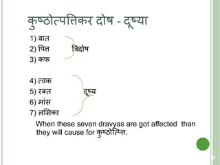 कु ष्ठोत्मपवत्तकर दोष - दूष्या
1) वाि
2) वपत्त त्ररदोष
3) कफ
4) त्मवक
5) रति दूष्य
6) मांस
7) लशसका
When these seven dravyas are got affected than
they will cause for कु ष्ठोक्त्मप्त्त.
72
 